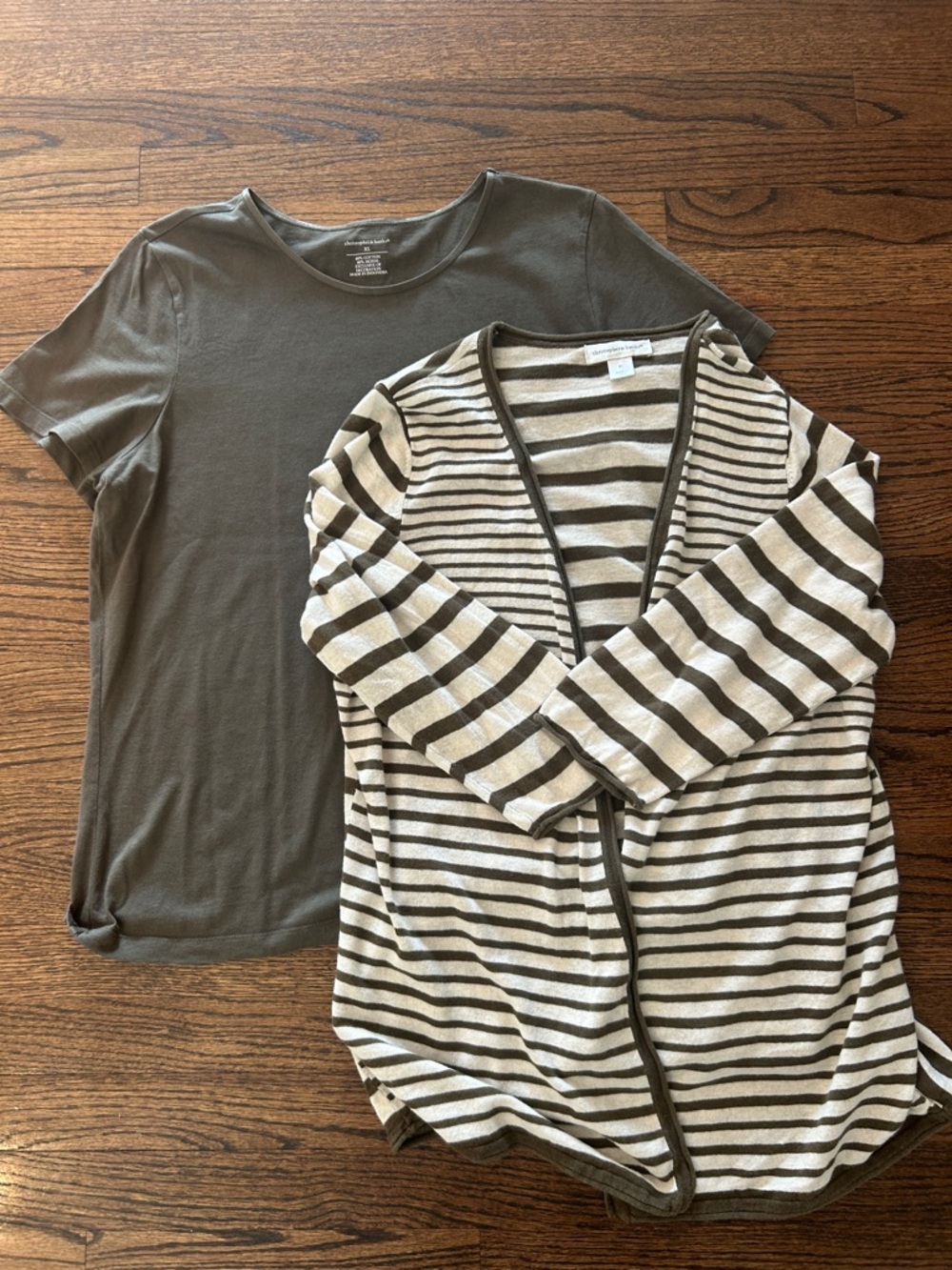 NWOT Striped Open Cardigan & Solid Tee Set - Olive and Cream Stripes